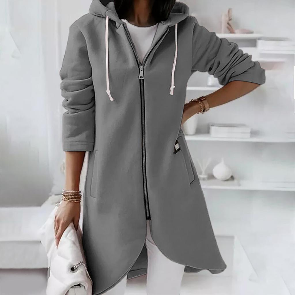 Women's Casual Loose Long-sleeved Zipper Hooded Long Padded Sweatshirt Coat