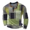 Herren Neu Langarm T-Shirt 3D Gedrucktes Patchwork Farbe Lässig Mode Offene Vorderseite 3 Knöpfe T-Shirt