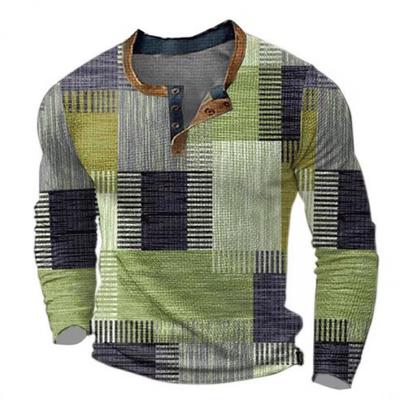Men's New Long Sleeve T-Shirt 3D Printed Patchwork Color Casual Fashion Open Front 3 Button T-Shirt