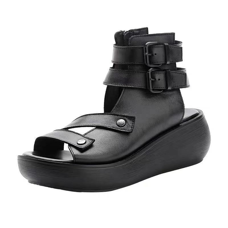 Roman Thick Soled Women's Sandals 2025 New Summer Soft Soled Sponge Cake Wedge Heel Retro Roman High Top Cool Boots