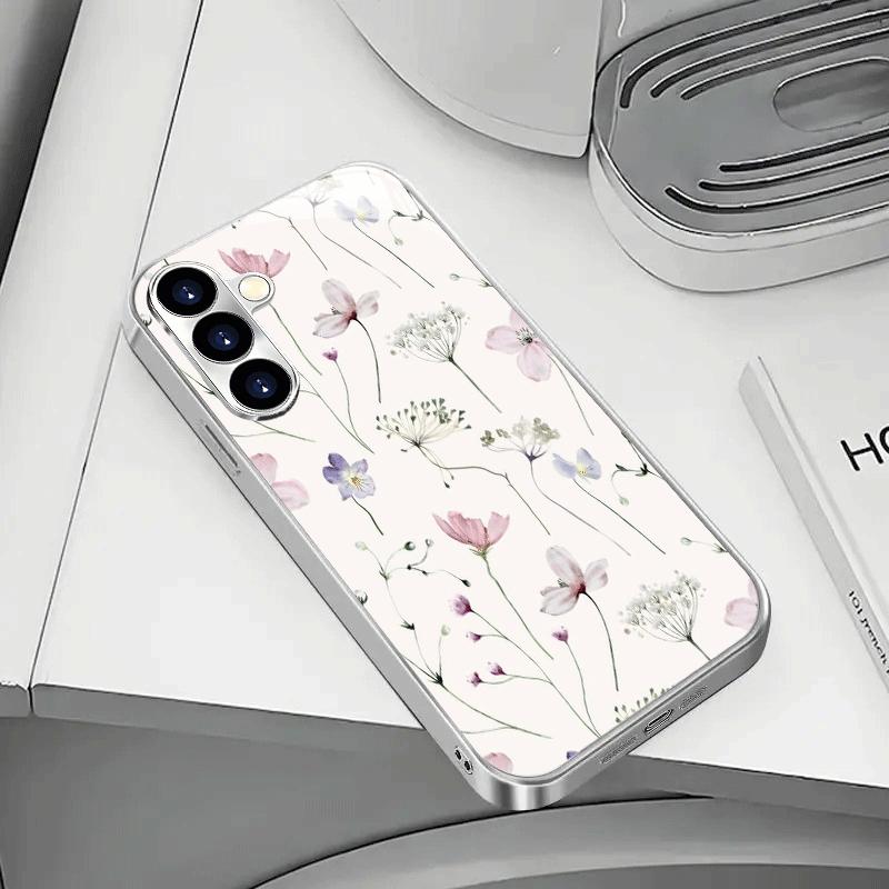 Simple Fresh Floral Pattern Electroplated Silver Phone caseFor Samsung Galaxy S26 S25 Edge S24 S23 FE S22 Ultra S20 S21 5G Cover