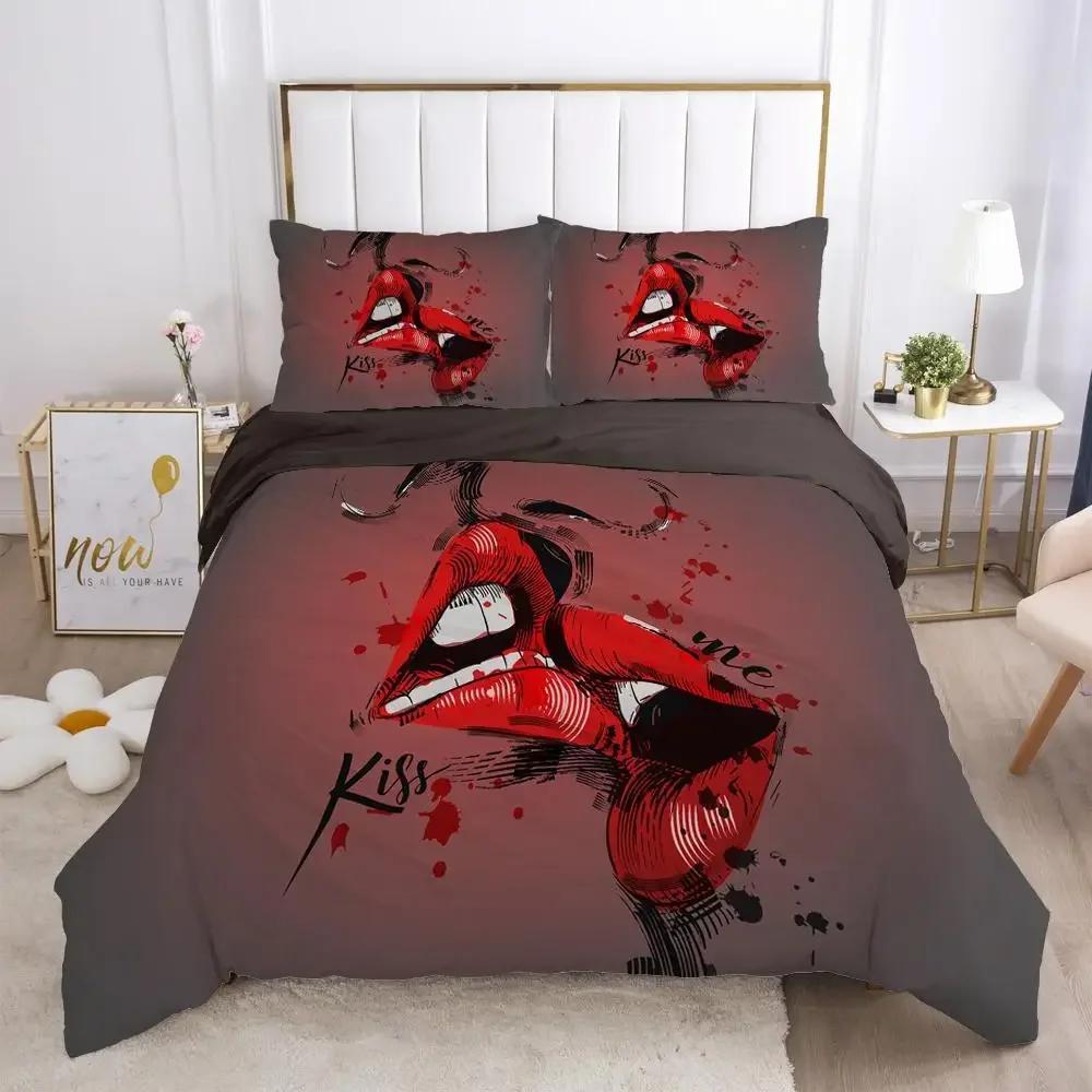 Red Lip Love Sexy Theme Kiss Marks Comfortable Duvet Quilt Cover Pillowcase Bedding Set Children Bedroom Decoration Home Textile
