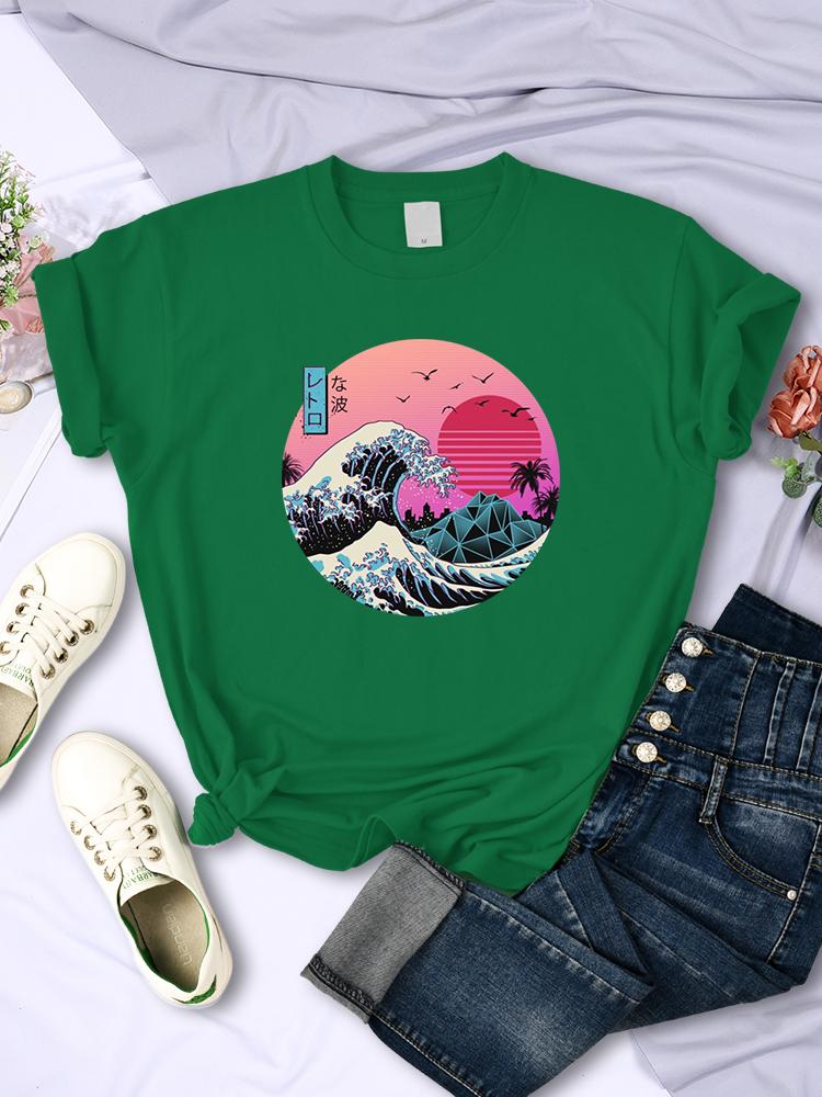 Ukiyo E Style Big Wave Female Short Sleeve Breathable Casual T-Shirts Fashion Summer Trend Top Soft All-math Womens Tee Clothing