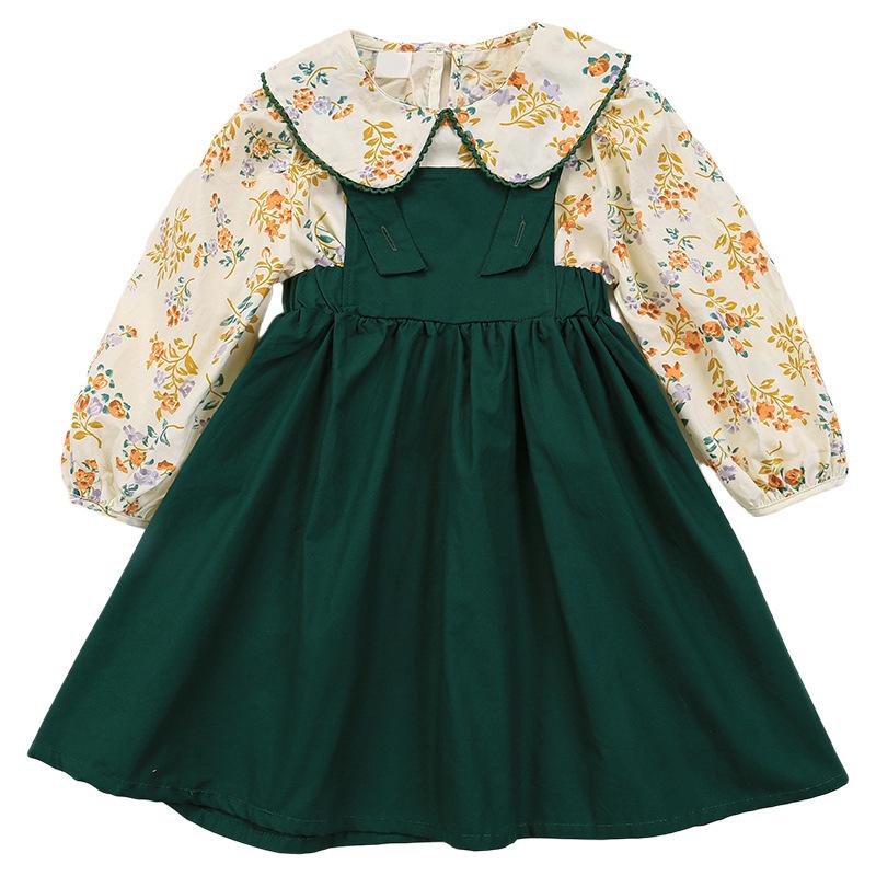 3-8Y Kids Clothes Girls Baby Spring Summer Suit Fashion Floral Long Sleeve Shirt + Suspender Skirt Two-piece Casual Set