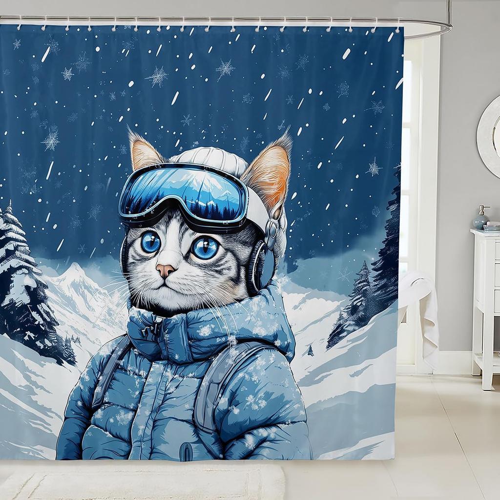 Cartoon Black Cat Shower Curtain Retro Pink Cherry Blossom Wild Flowers Bathroom Curtain Kids Teens Adults Cute Animal Vintage