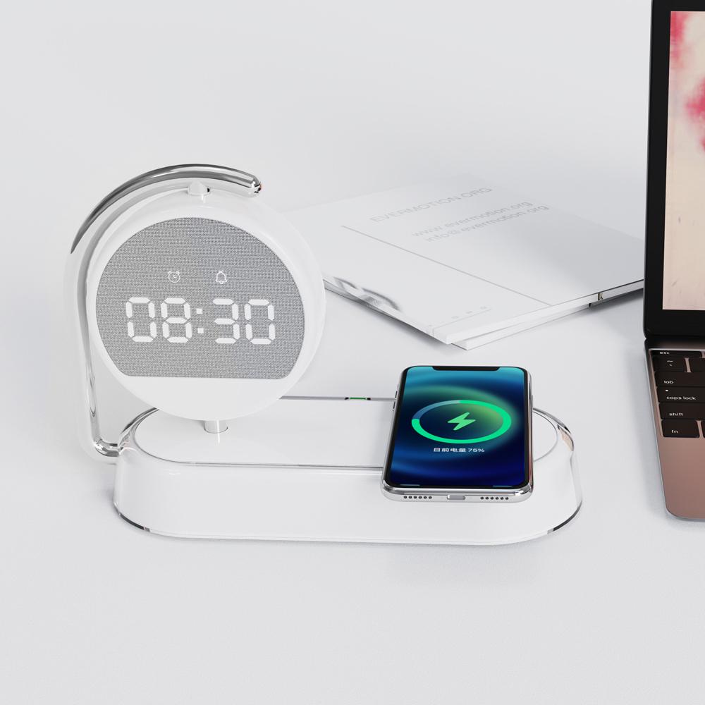 Rs CE Fcc Wireless Charger 3 In 1 Clock Alarm Clock Wireless Charger LED Light Smart Phone Charger Table Desk Lamp