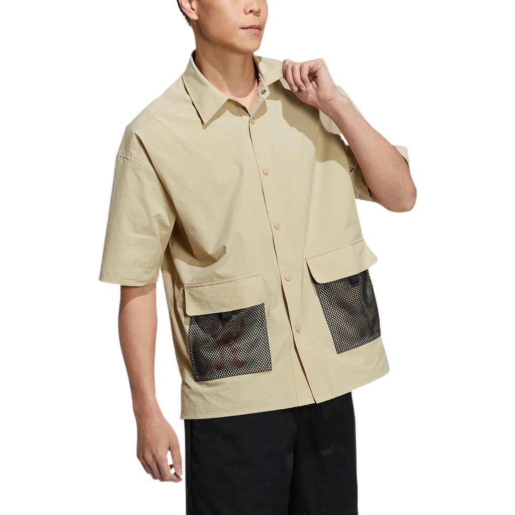 adidas Originals Clover SS22 Solid Color Logo Short Sleeve Shirt with Single Row Buttons Men Tops Beige HR6468