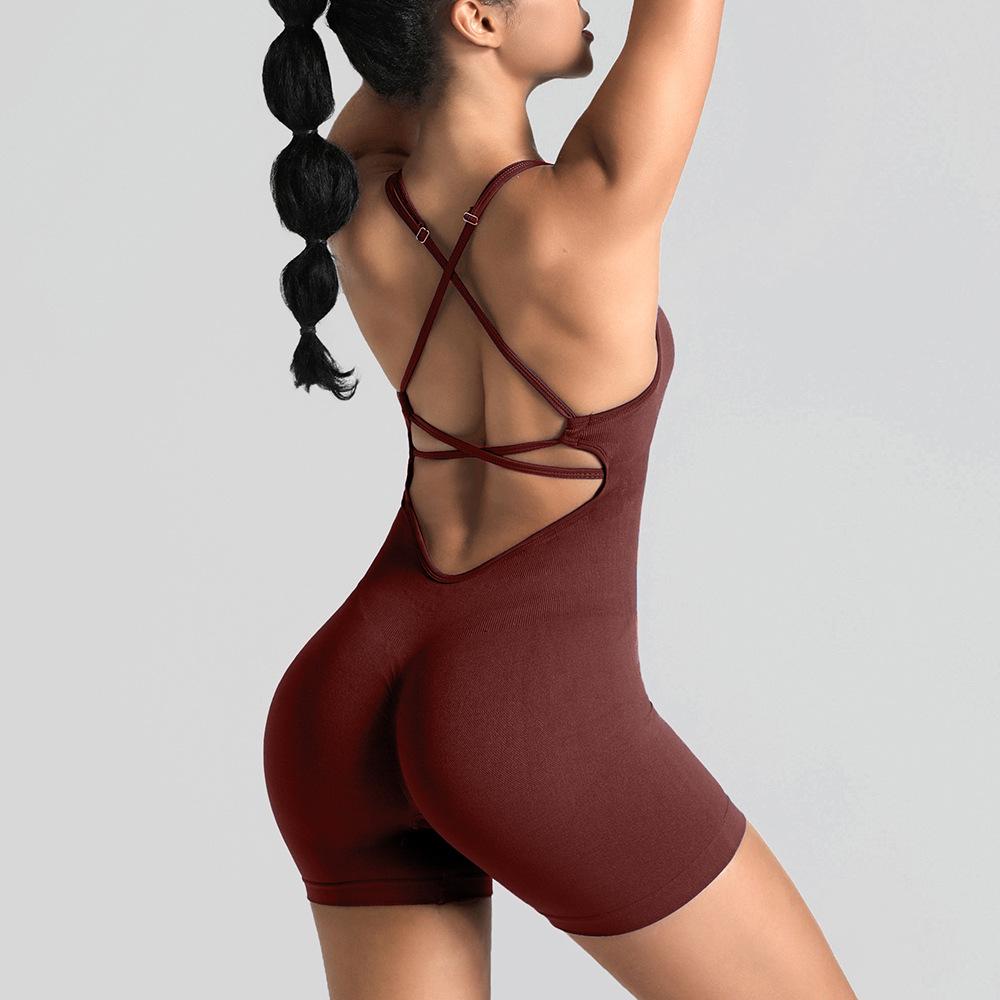 Nahtloser einteiliger Yoga-Anzug mit elegantem Rücken- und Pfirsich-Hüft-Design