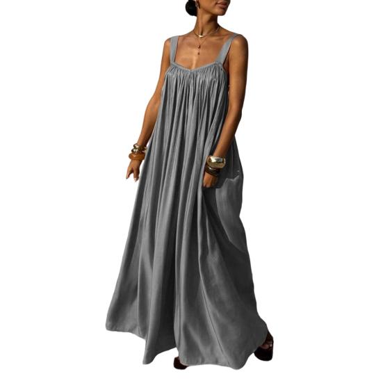 Robe d'été femme sans manches à fines bretelles plissée, robe maxi ample et fluide idéale pour la plage