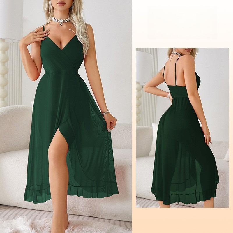 Elegantní noční košilka s V-výstřihem a vysokým rozparkem, bez zad a bez rukávů, sexy cami, dámské domácí oblečení 683, sofistikované, lichotivé oblečení na spaní pro sebevědomé ženy