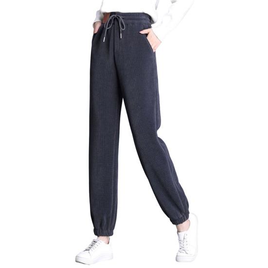 Women Winter Fall Pants Thick Plush Drawstring Elastic Waist Pockets Ankle-banded Thermal Cold Resistant Pure Color Loose Women Casual Harem
