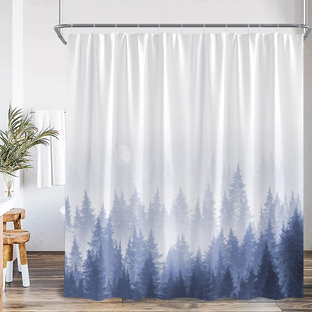 Misty Forest Shower Curtain Foggy Woodland Cloud Pine Tree Nature Nordic Bathroom Decor Modern Minimalist Bath Curtain With Hook
