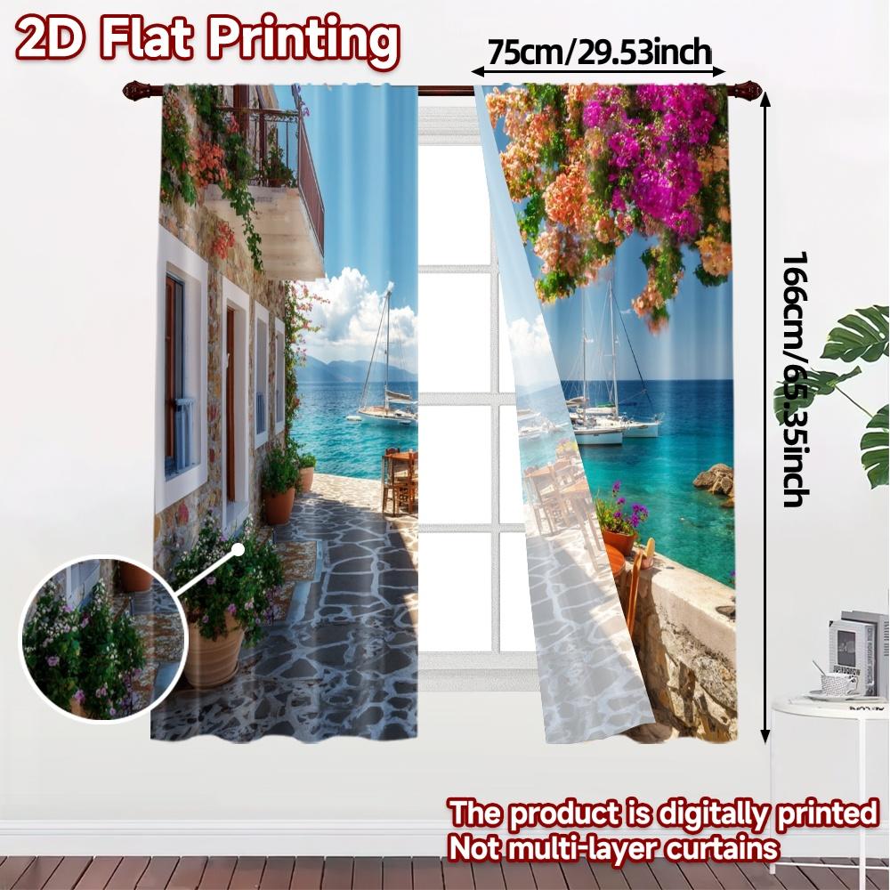 2pcs, 2D FLAT PRINTING Curtains (Without Rod) Seaside Bloom(2) Modern Window Curtain Yarn Curtains Decorations Inside Perfect