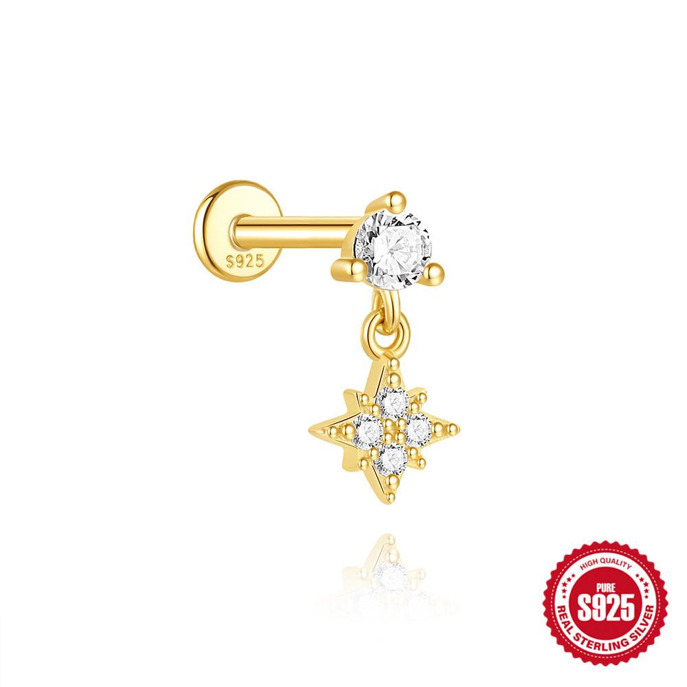 Classic 925 Silver Eight Pointed Star Snake Flower Inlaid Diamond Cartilage Earring 16G Flat Back Stud Piercing Minimalist Fashion