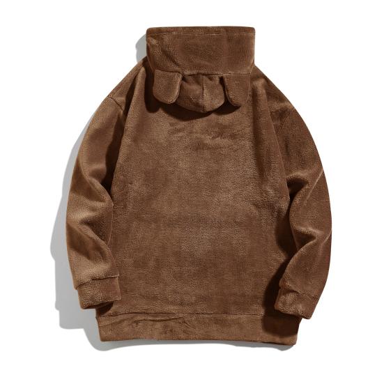 Winter Men Hoodie with Cartoon Ear Decor Double-sided Velvet with Big Front Pocket Loose Long