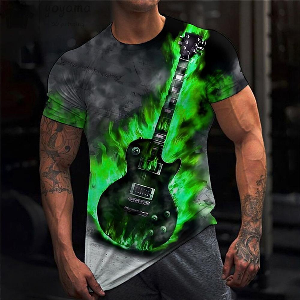 Haina cu imprimeu pentru chitara rock Haine vintage pentru barbati Haine de vara pentru barbati Tricou supradimensionat Tricou cu maneca scurta Tricou cu chitara pentru barbati