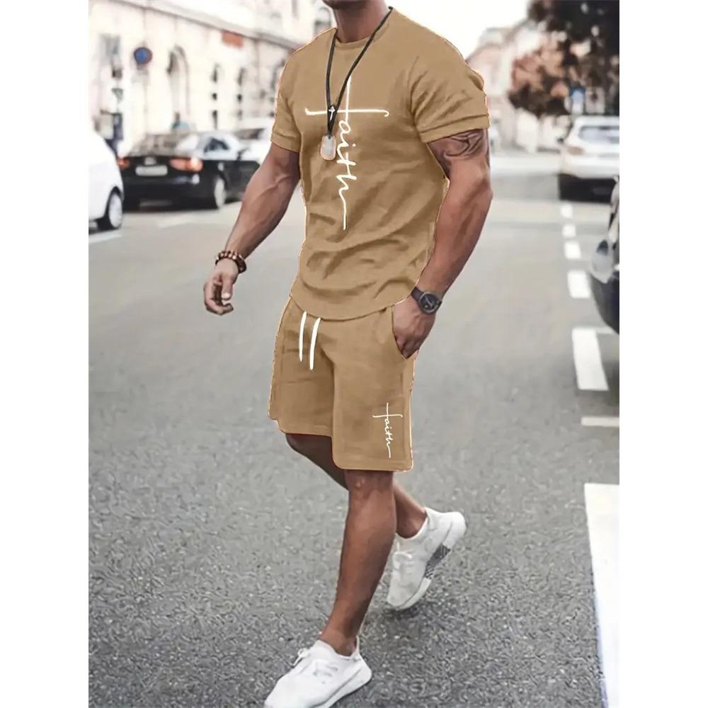 Mens T Shirt Shorts Set Fashion Mens Cross Printed Short Sleeve Two Pieces Oversized Outdoor Beach Sports Men's Plus Size Suit