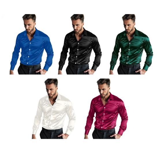 Men's Satin Glossy Shirt Solid Color Long Sleeve Smooth Dress Shirt Lapel Button Down Business Shirt for Office Wedding Party