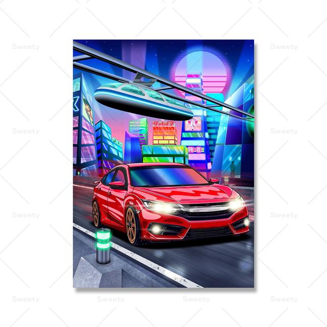 Neoonpunk võidusõidumäng Stree Wall Art Poster Lahe automaaling Laste poistetoa kaunistamine Lõuend Prindipilt