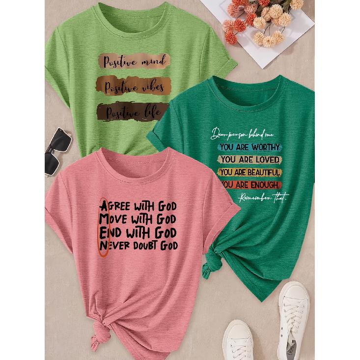 Spring and Summer Hot Sale Women's Clothing 3 Pack of Round-neck Short-sleeve Shirts T Shirt Positive Energy Self-affirmation Text Print Sunlight