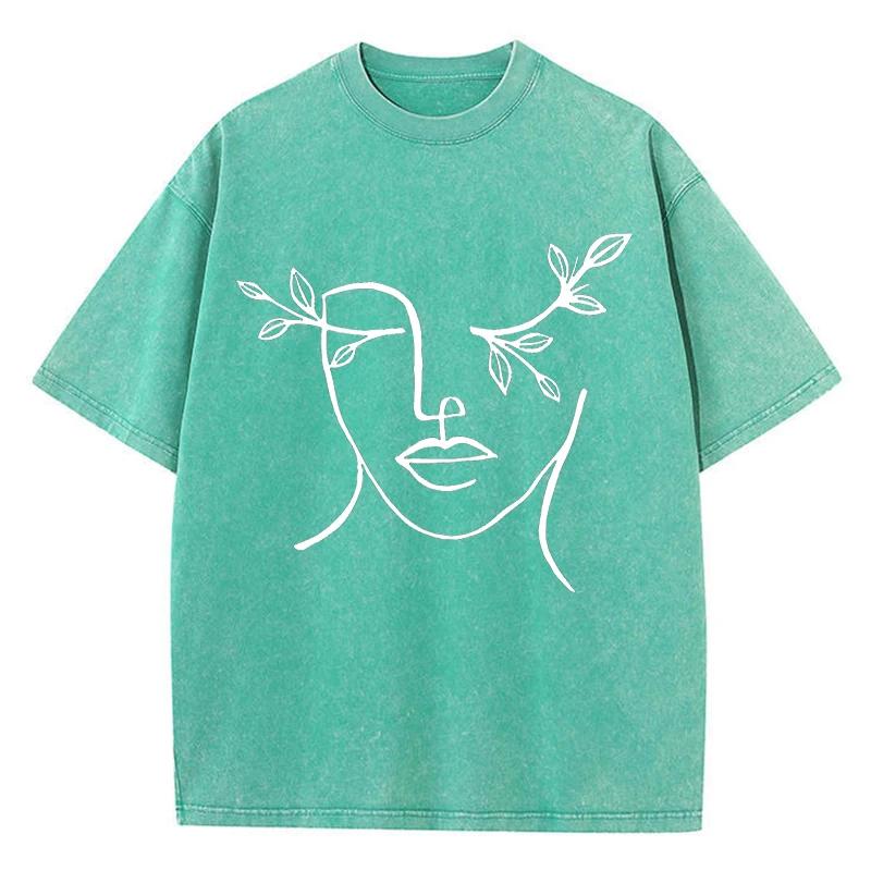 Sketched Face Printing Women Washed Short Clothing Breathable Summer T-Shirt Street Fashion Tops Harajuku O-Neck Short Sleeve