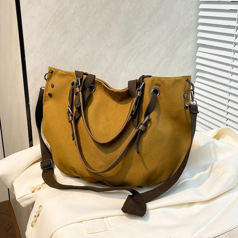 Chic Black And Khaki Canvas Tote Bag Vintage Fashionable Large Size Handbag
