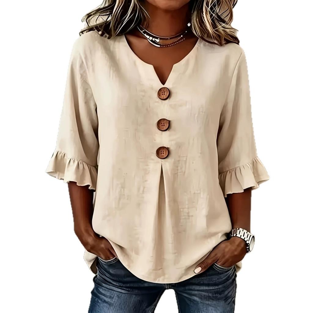 Summer New Women's V Neck Linen Cotton Blouse, Ruffle Sleeve Button Casual Tops, European American Crossborder Apparel
