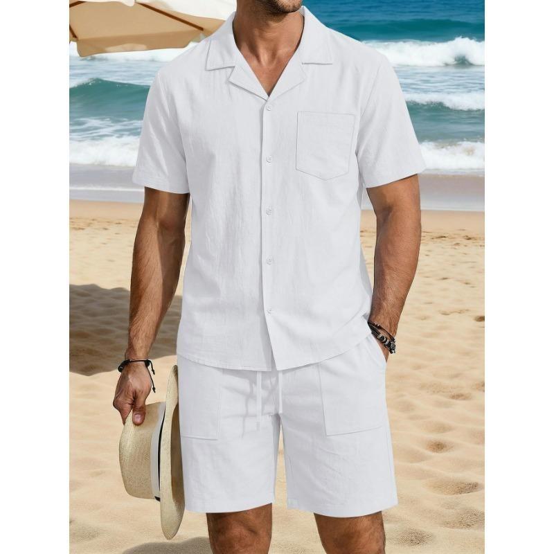 Herr Casual Linne Kortärmad Skjorta och Shorts Set