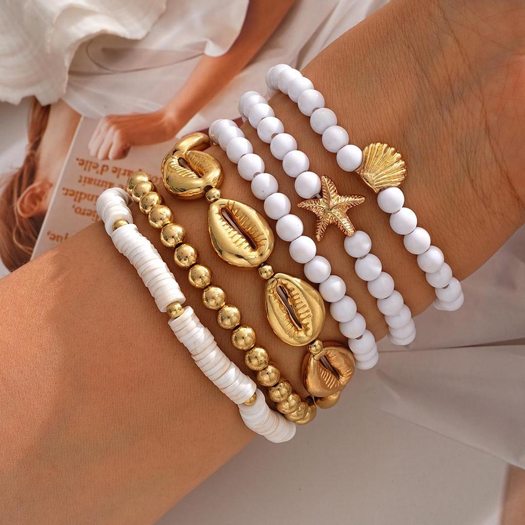 17KM Bohemian Shell Starfish Bead Bracelet Set for Women Fashion Summer Beach Multilayer Stacked Bracelets Party Jewelry Gifts