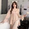 Golden Velvet Women's Pajamas: Long Sleeve Bathrobe & Sweet Luxury 3-Piece Set with Chest Pads