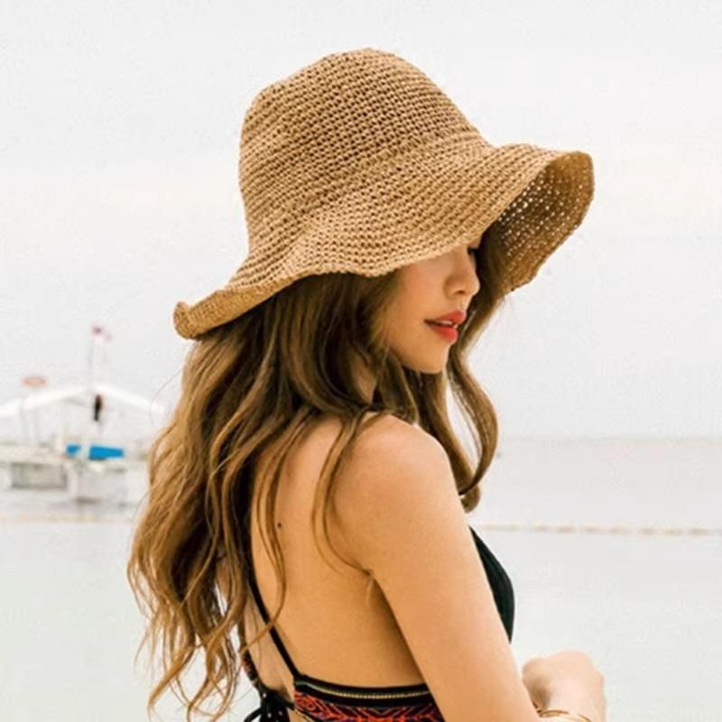 Retro Bohemian Style Women's Straw Summer Outdoor Hat Straw Woven Travel Beach Fisherman Bucket Hat Large Edge Soft Foldable Cap