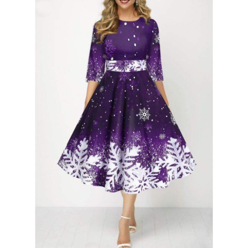 Neues modisches und personalisiertes Kleid mit Schneeflocken-Digitaldruck und Temperament, mittellangen Ärmeln und taillierter Taille für Damen