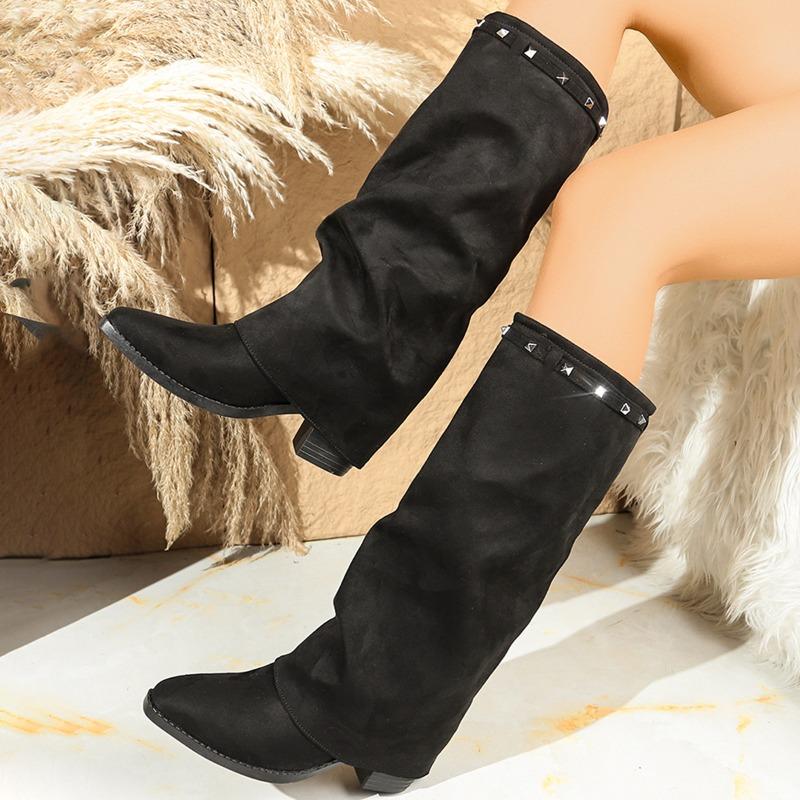 Pointed Toe Plus-size Pleated Sleeve Mid-heel Trouser Boots 2025 Winter New British-style High Boots for Women