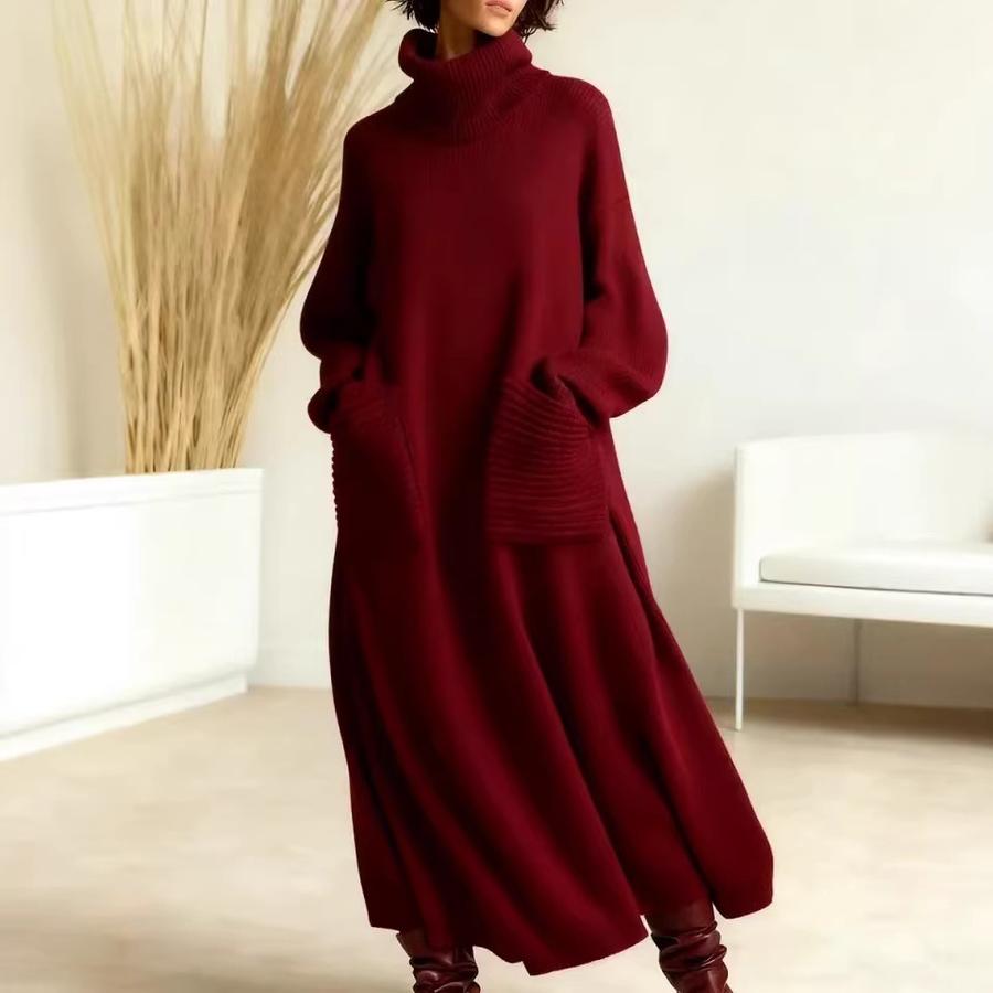 Vestito a Maglia con Scollo Alto Nuovo Stile Lento con Tasche