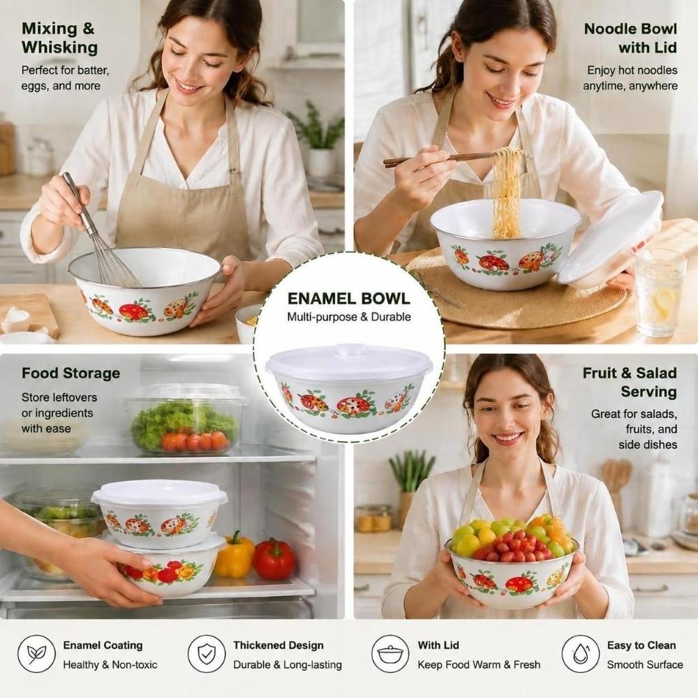 Chinese Rose Print Enamel Mixing Bowl with Lid Instant Noodle Bowl Enamel Bowl  Refrigerator Safe
