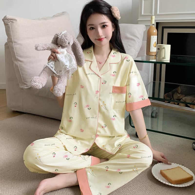 Peach Print Large Size Pajamas Women's Summer New Imitation Cotton Short-sleeved Trousers Medium Mother Loungewear