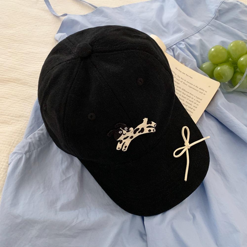 Sweet Spotted Puppy Embroidery Baseball Cap Cotton Bow Sun Hat Visors Korean Style Peaked Cap Outdoor