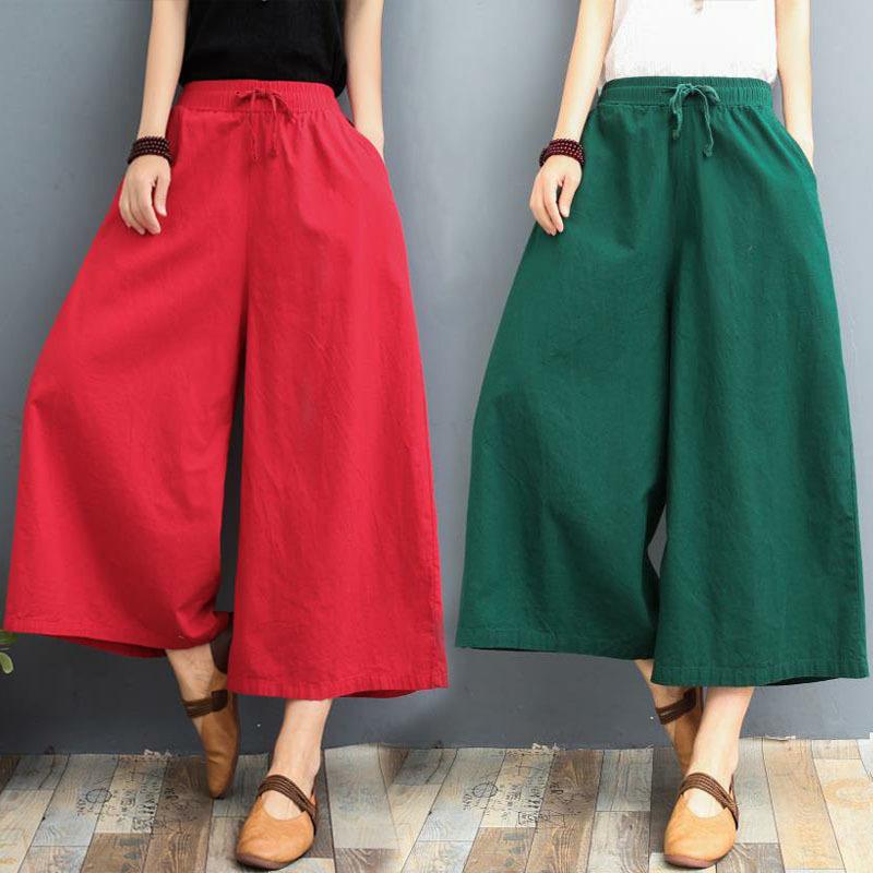 Dames Zomer Effen Kleur Dunne Sectie Rokbroek Los Vallend Casual Acht Punten Broek