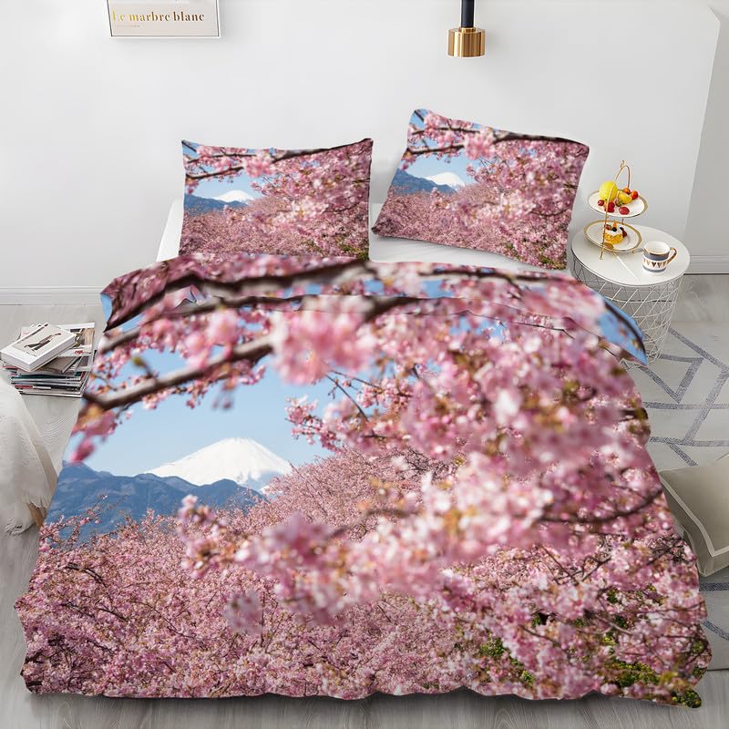 Japanese Duvet Cover Set Sakura Cherry Blossoms Spring Theme 3 Piece Bedding with Pillow Shams
