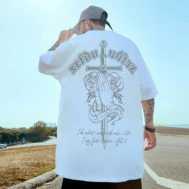 Religious Cross Faith Rose Print Men's T-shirt Short Sleeve 100% Cotton Tee Summer Casual Streetwear Plus Size Clothing Y2k Tops