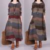 2025 Retro Artistic Patchwork Stripe Cotton-Linen Midi Dress: Round Neck, Long Sleeve for Women