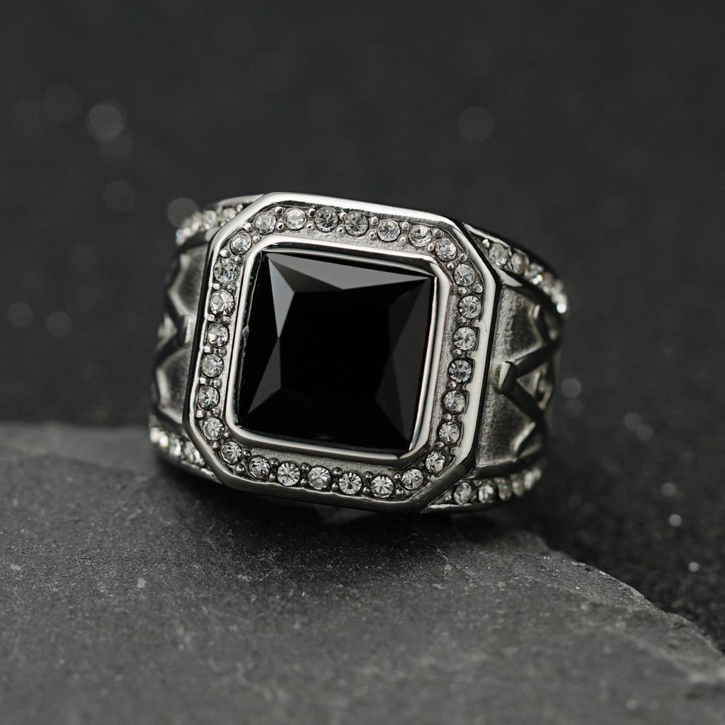 Hip Hop Bling 316 Stainless Steel Square Big Stone Master Masonic Freemasonry Finger Rings for Men Rapper Jewelry
