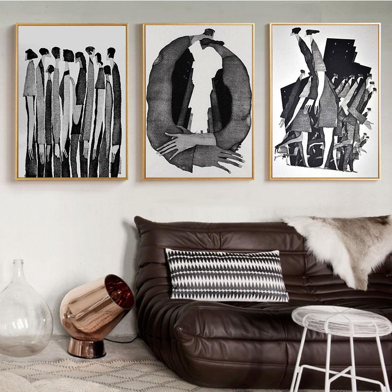 Pinturas de Lona de Moda com Personagens Abstratos Modernos Preto Branco Pôsteres e Impressões Arte de Parede Imagens para Sala de Estar Decoração de Casa