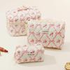Cosmetic Bag Large Capacity Zipper Closure Rose Bow Print Cotton Quilted Portable Lightweight Lipstick Eyebrown Pencil Makeup Brush Toiletry Pouch