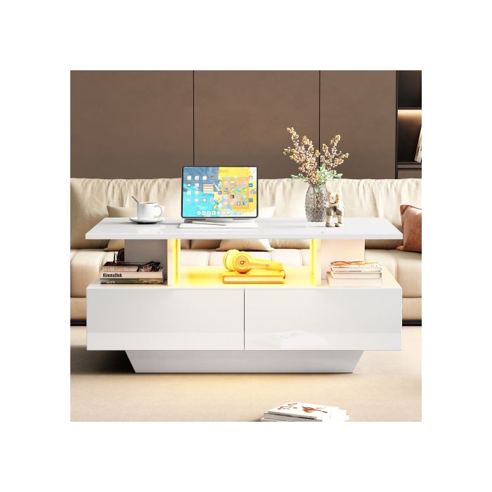 Coffee Table - MUVOE - 90x55x41 Cm - LED Lighting - 2 Drawers - Max Load. 30 Kg