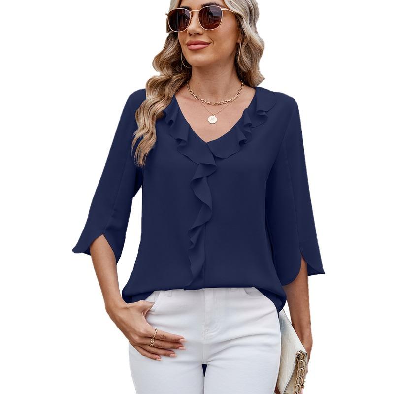 Chiffon Mid Sleeve Blouses V-neck Pleated Ruffled Loose Fitting Women's Top