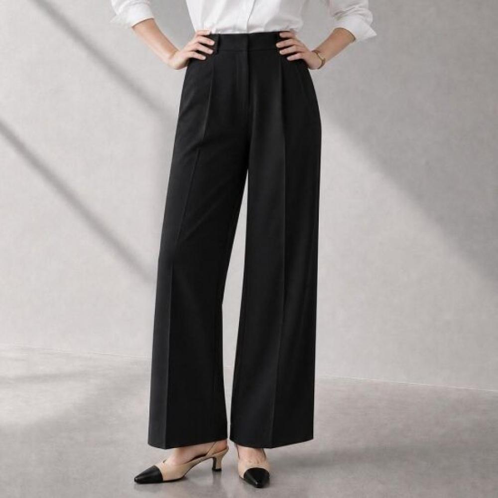 Melting Brown Women Semi Wide Slacks Long High Waist Pintuck Trousers