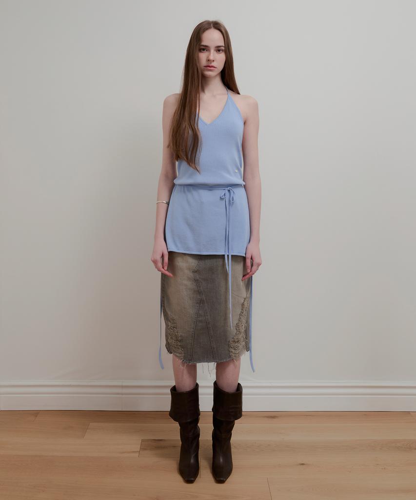 Aobteu Vintage Washed Denim Skirt - Gray