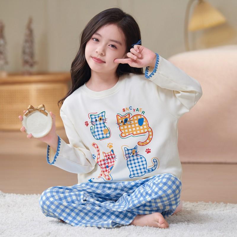100% Cotton Girls Pajama Set Long Sleeve Round Neck Thin Home Wear Kids 8 Years
