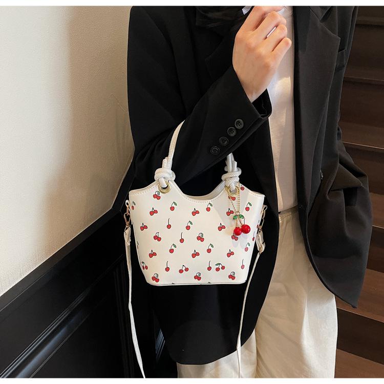 Cherry Print Square Shoulder Bag Women Fashion Faux Leather Crossbody Tote Cute Armpit Handbag